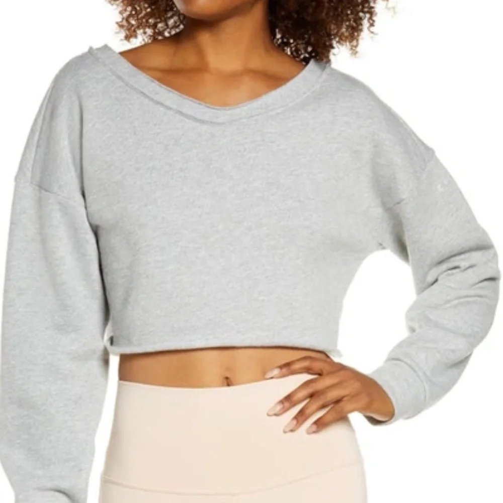 ALO Yoga Gray Cropped V‑Neck Sweatshirt Top